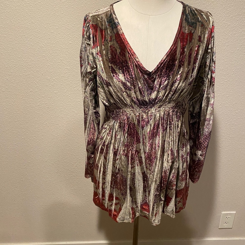 Y2K Velvet One World V Neck Baby Doll Mini Dress Blouse L